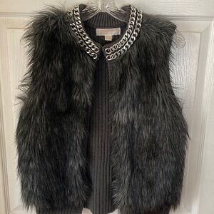 MICHAEL Michael Kors Gray Knit Faux Fur Sweater Vest with Chain Collar